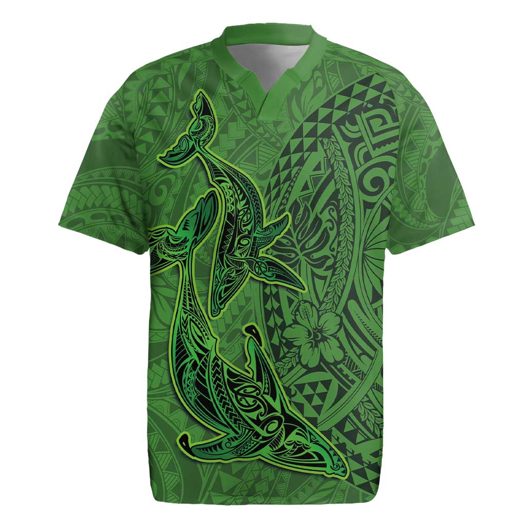 Hawaiian Whales Polynesian Art Motifs Rugby Jersey Green Color - Polynesian Pride