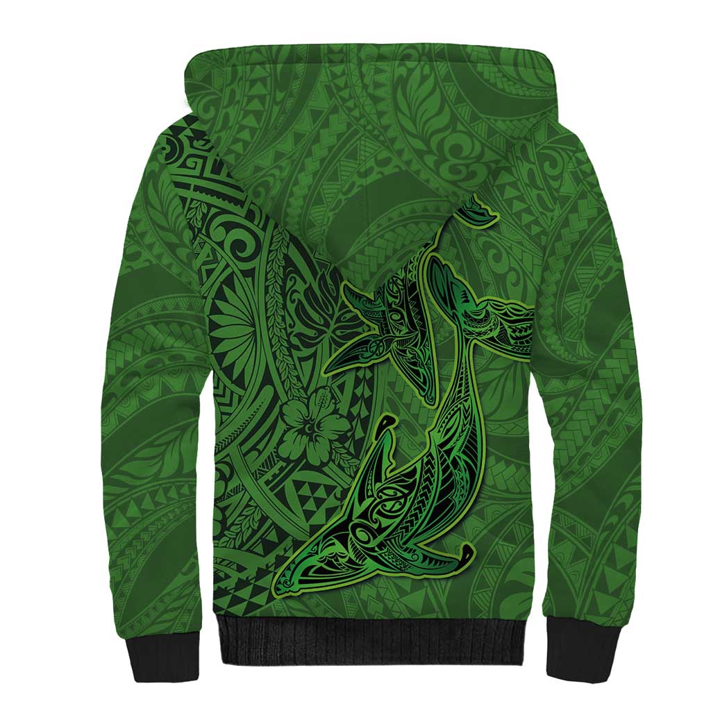 Hawaiian Whales Polynesian Art Motifs Sherpa Hoodie Green Color - Polynesian Pride