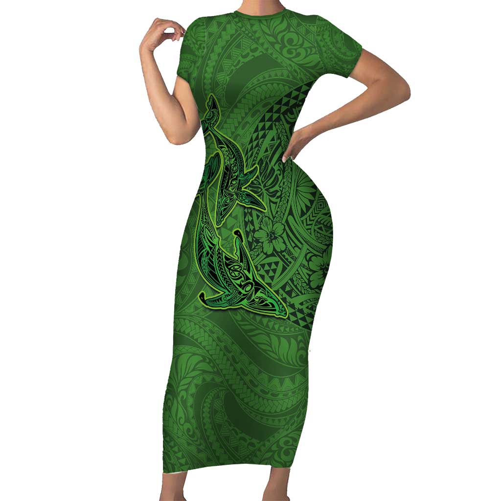 Hawaiian Whales Polynesian Art Motifs Short Sleeve Bodycon Dress Green Color - Polynesian Pride
