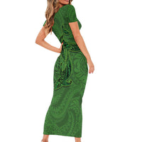 Hawaiian Whales Polynesian Art Motifs Short Sleeve Bodycon Dress Green Color - Polynesian Pride
