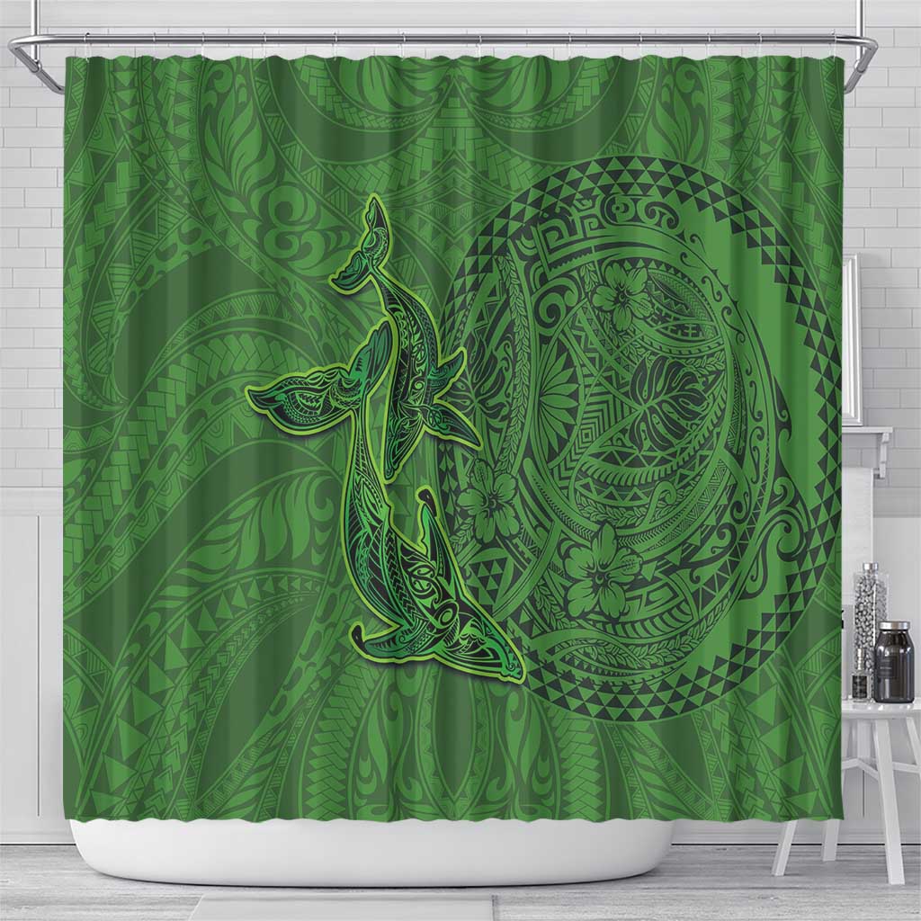 Hawaiian Whales Polynesian Art Motifs Shower Curtain Green Color - Polynesian Pride