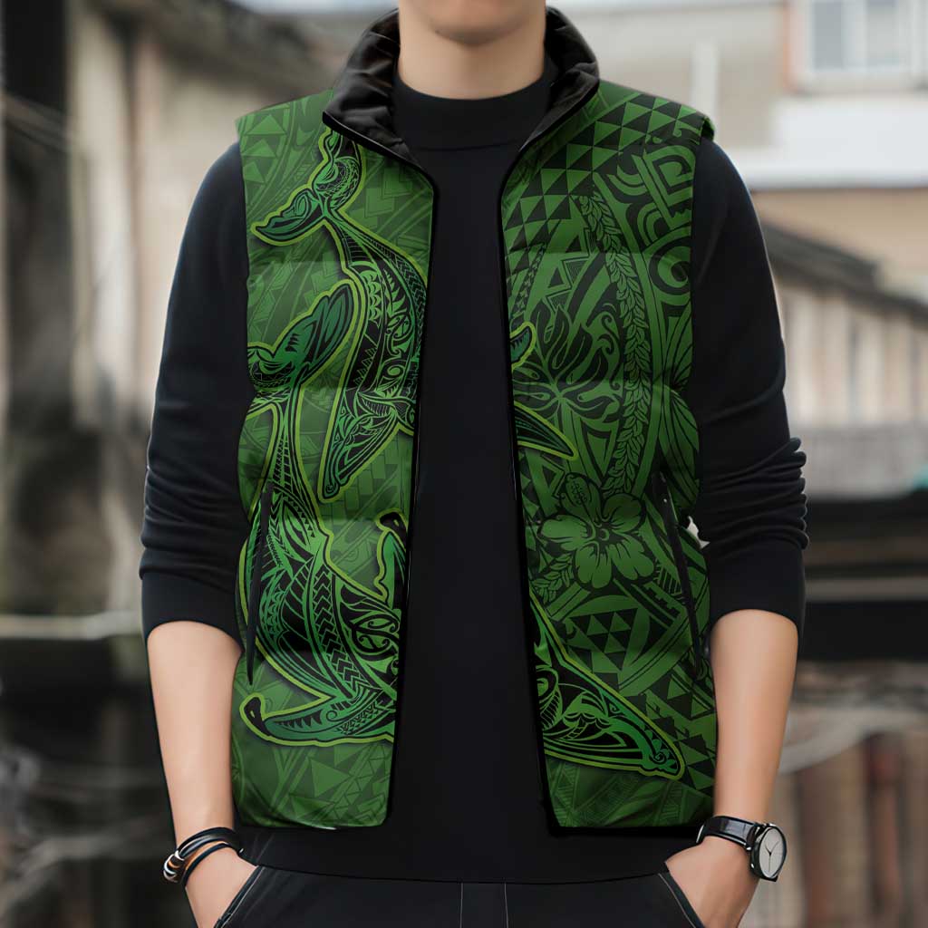 Hawaiian Whales Polynesian Art Motifs Sleeveless Puffer Jacket Green Color - Polynesian Pride