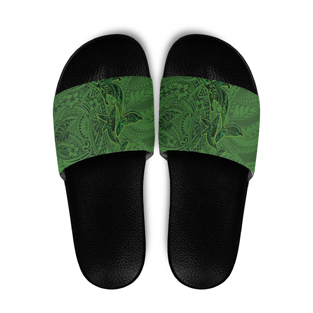 Hawaiian Whales Polynesian Art Motifs Slide Sandals Green Color - Polynesian Pride