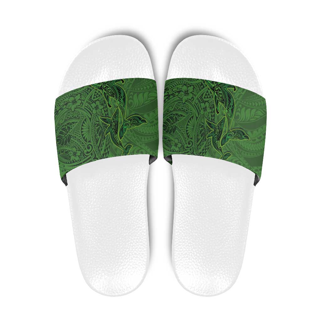 Hawaiian Whales Polynesian Art Motifs Slide Sandals Green Color - Polynesian Pride