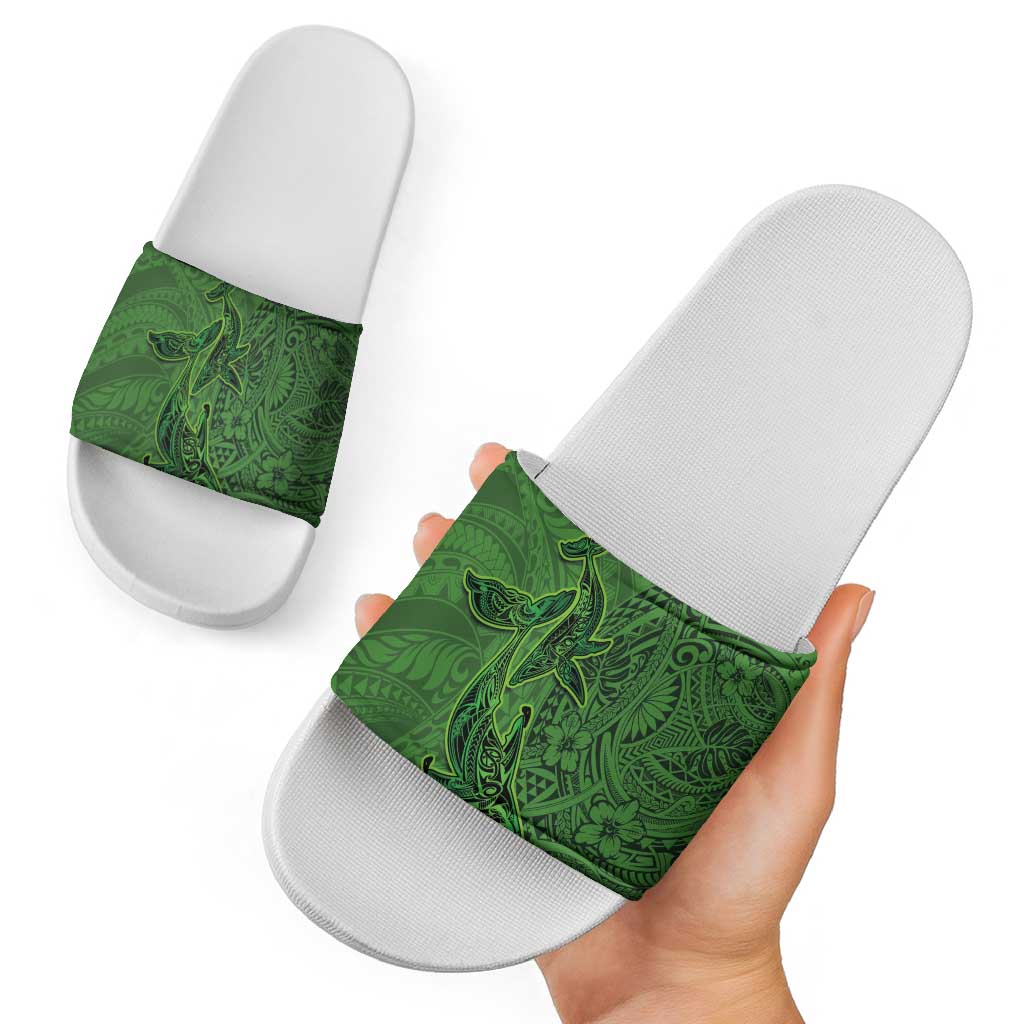 Hawaiian Whales Polynesian Art Motifs Slide Sandals Green Color - Polynesian Pride