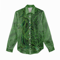 Hawaiian Whales Polynesian Art Motifs Women Casual Shirt Green Color - Polynesian Pride