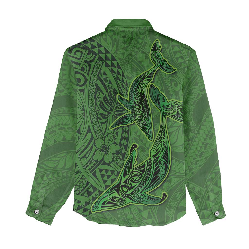 Hawaiian Whales Polynesian Art Motifs Women Casual Shirt Green Color - Polynesian Pride