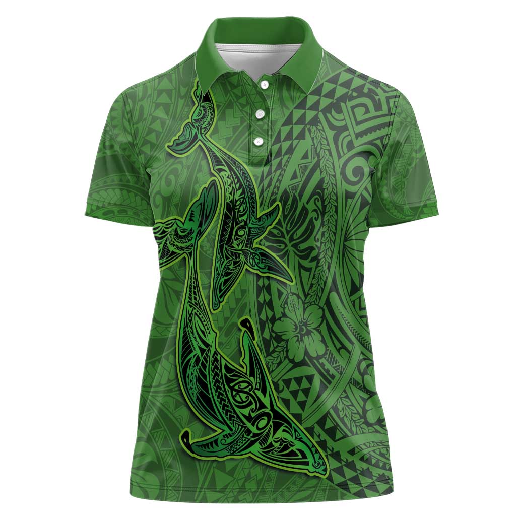 Hawaiian Whales Polynesian Art Motifs Women Polo Shirt Green Color - Polynesian Pride