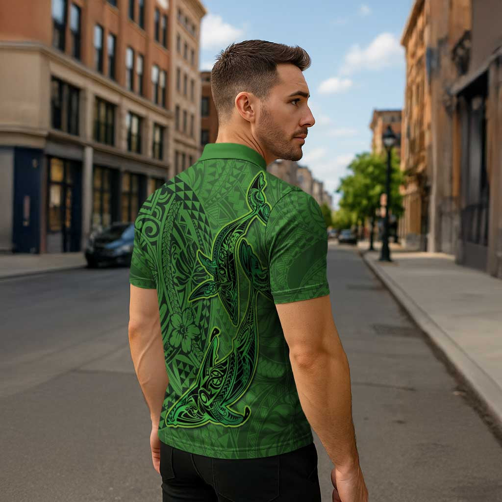 Hawaiian Whales Polynesian Art Motifs Zipper Polo Shirt Green Color - Polynesian Pride