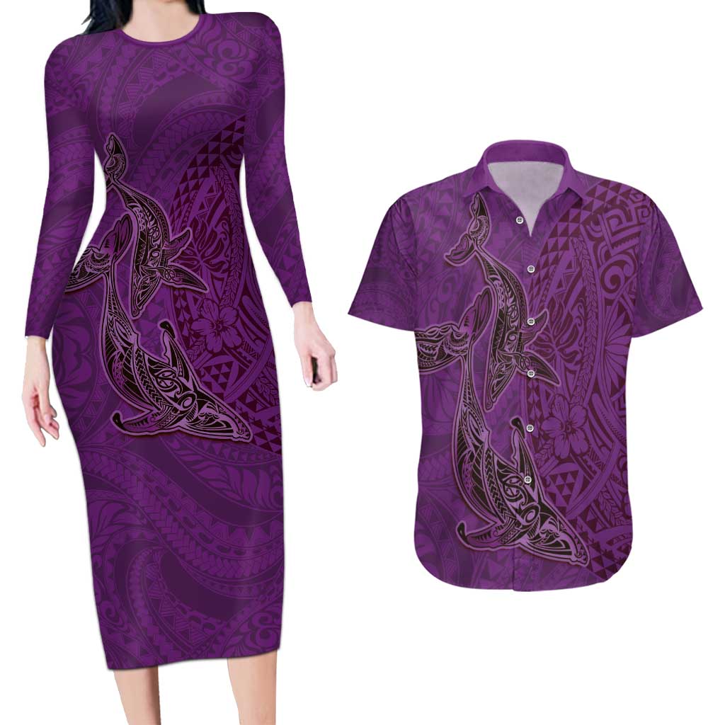 Hawaiian Whales Polynesian Art Motifs Couples Matching Long Sleeve Bodycon Dress and Hawaiian Shirt Purple Color - Polynesian Pride