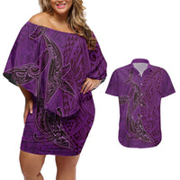 Hawaiian Whales Polynesian Art Motifs Couples Matching Off Shoulder Short Dress and Hawaiian Shirt Purple Color - Polynesian Pride