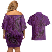 Hawaiian Whales Polynesian Art Motifs Couples Matching Off Shoulder Short Dress and Hawaiian Shirt Purple Color - Polynesian Pride