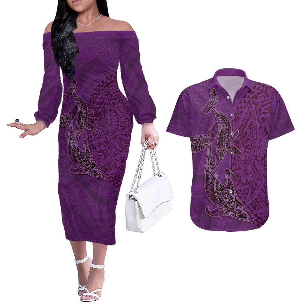 Hawaiian Whales Polynesian Art Motifs Couples Matching Off The Shoulder Long Sleeve Dress and Hawaiian Shirt Purple Color - Polynesian Pride
