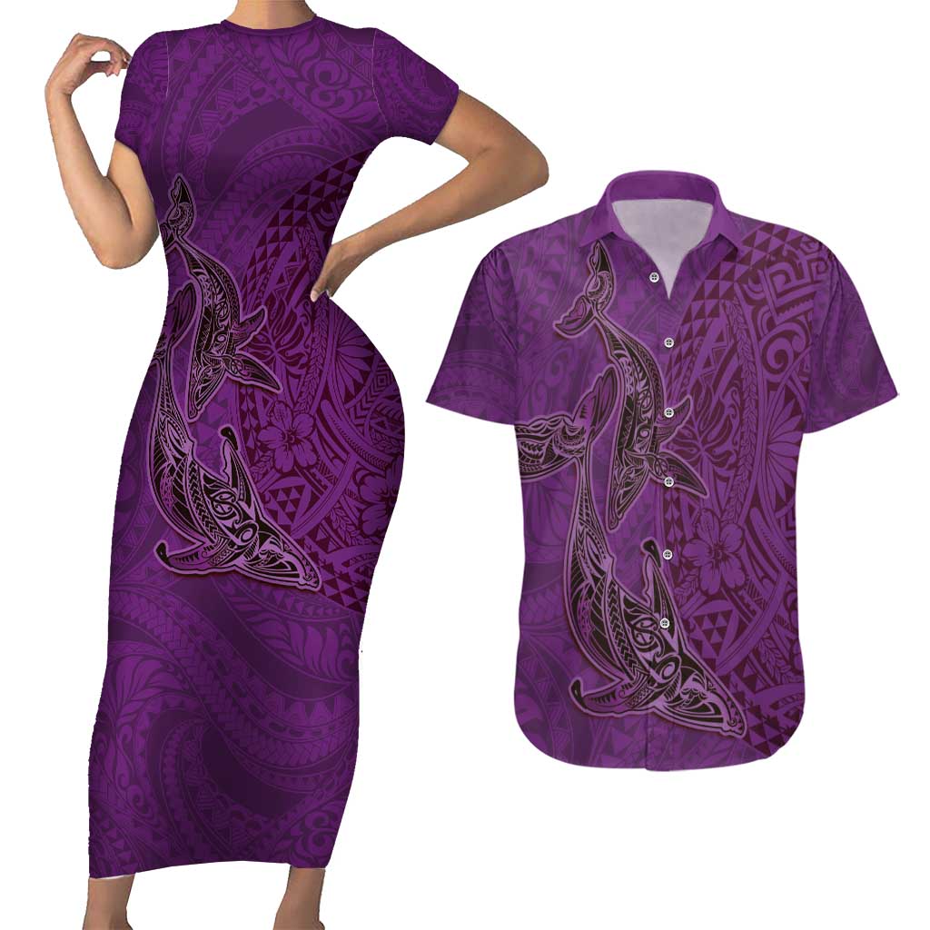 Hawaiian Whales Polynesian Art Motifs Couples Matching Short Sleeve Bodycon Dress and Hawaiian Shirt Purple Color - Polynesian Pride