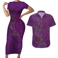 Hawaiian Whales Polynesian Art Motifs Couples Matching Short Sleeve Bodycon Dress and Hawaiian Shirt Purple Color - Polynesian Pride
