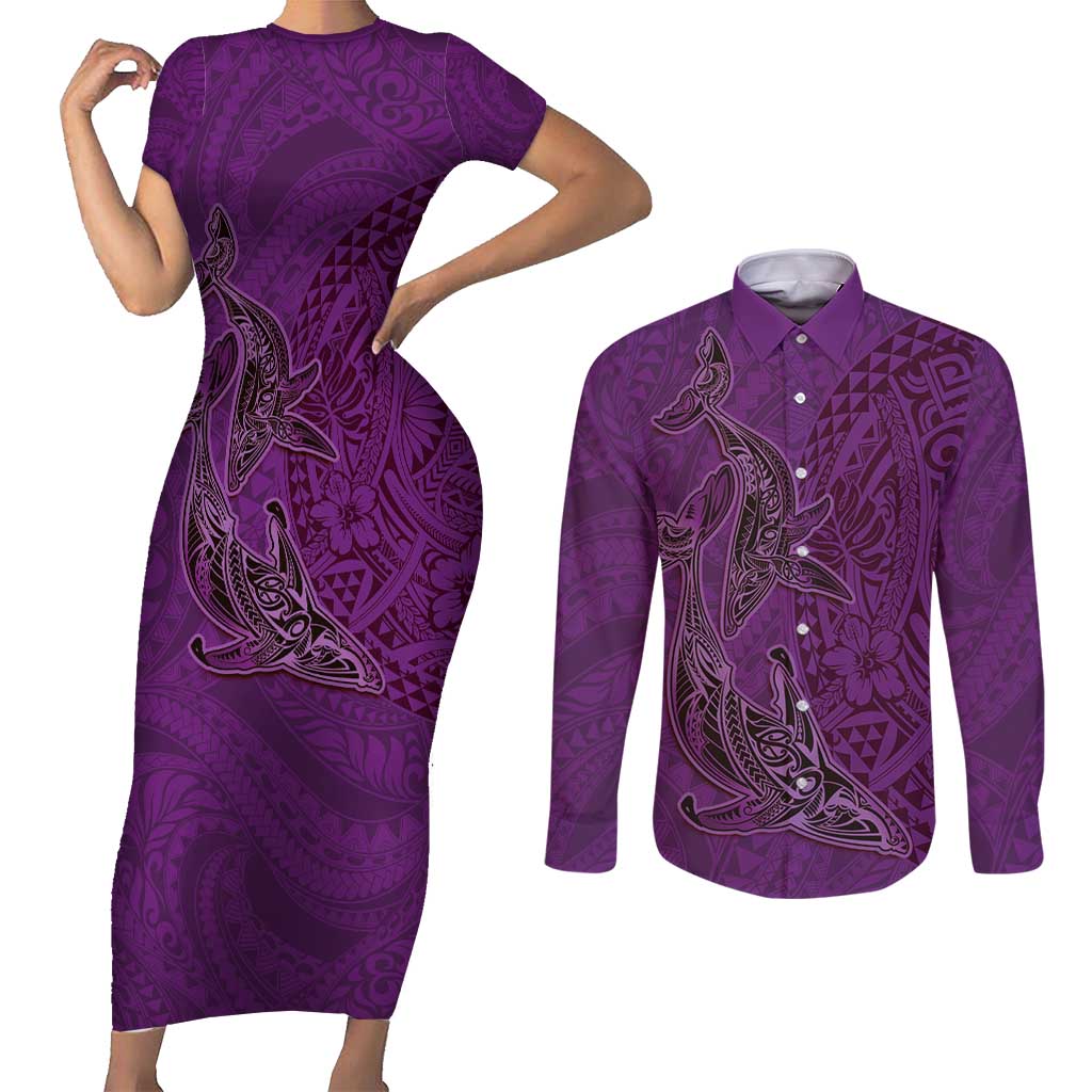 Hawaiian Whales Polynesian Art Motifs Couples Matching Short Sleeve Bodycon Dress and Long Sleeve Button Shirt Purple Color - Polynesian Pride