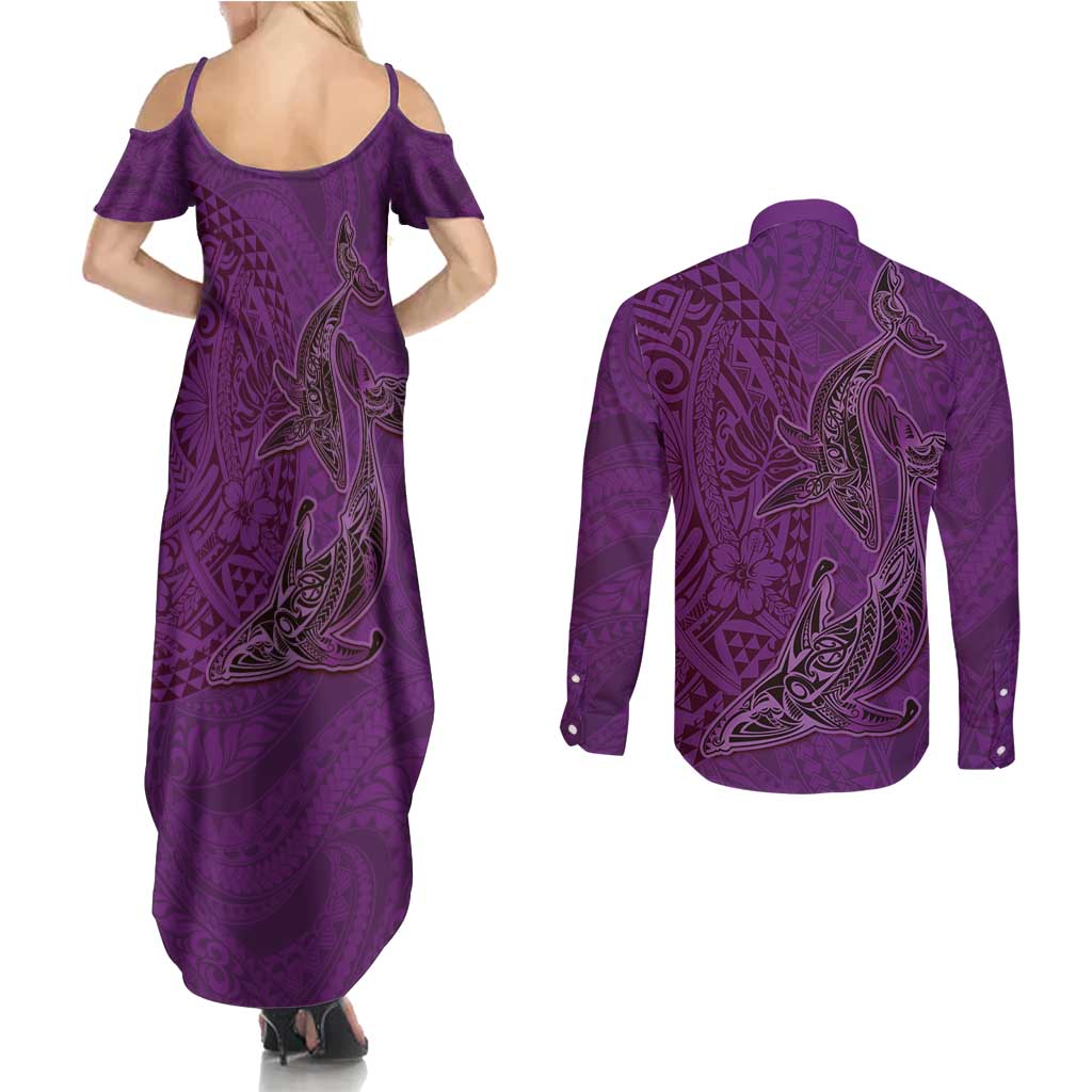 Hawaiian Whales Polynesian Art Motifs Couples Matching Summer Maxi Dress and Long Sleeve Button Shirt Purple Color - Polynesian Pride
