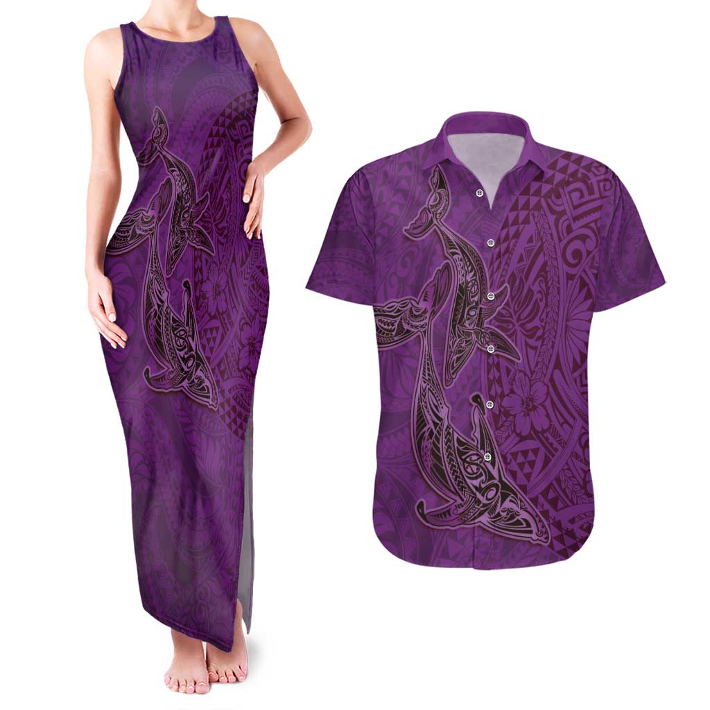 Hawaiian Whales Polynesian Art Motifs Couples Matching Tank Maxi Dress and Hawaiian Shirt Purple Color - Polynesian Pride