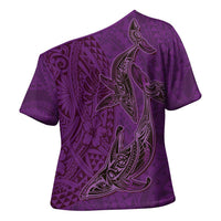 Hawaiian Whales Polynesian Art Motifs Cross Shoulder Shirt Purple Color - Polynesian Pride
