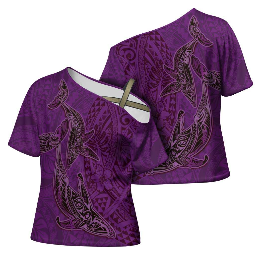 Hawaiian Whales Polynesian Art Motifs Cross Shoulder Shirt Purple Color - Polynesian Pride