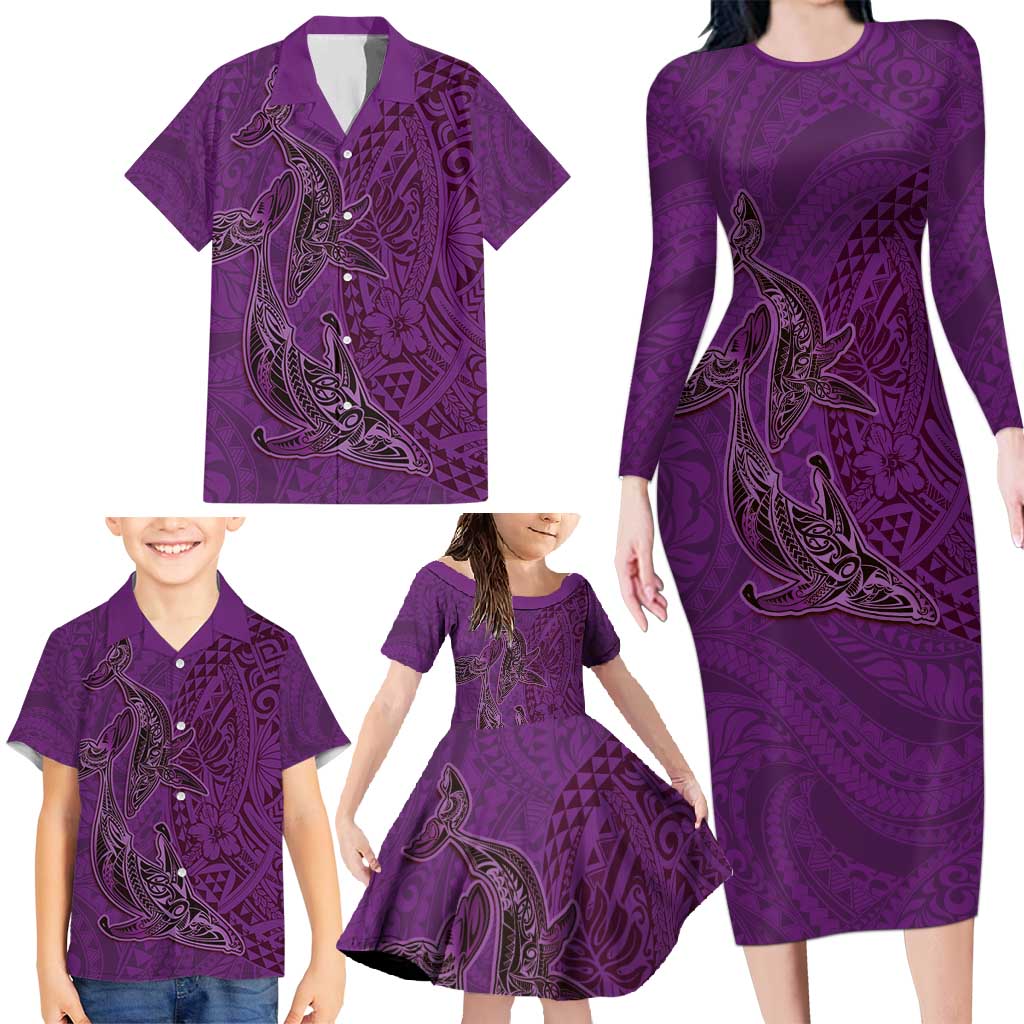 Hawaiian Whales Polynesian Art Motifs Family Matching Long Sleeve Bodycon Dress and Hawaiian Shirt Purple Color - Polynesian Pride