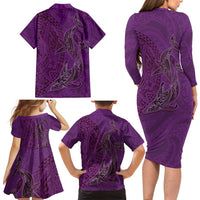Hawaiian Whales Polynesian Art Motifs Family Matching Long Sleeve Bodycon Dress and Hawaiian Shirt Purple Color - Polynesian Pride