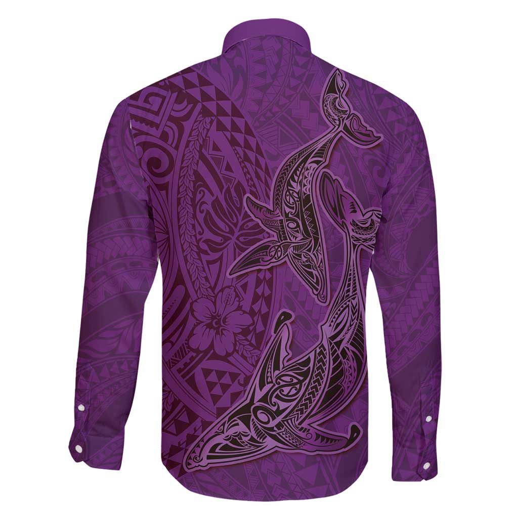 Hawaiian Whales Polynesian Art Motifs Family Matching Long Sleeve Bodycon Dress and Hawaiian Shirt Purple Color - Polynesian Pride