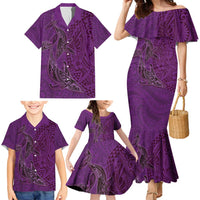 Hawaiian Whales Polynesian Art Motifs Family Matching Mermaid Dress and Hawaiian Shirt Purple Color - Polynesian Pride