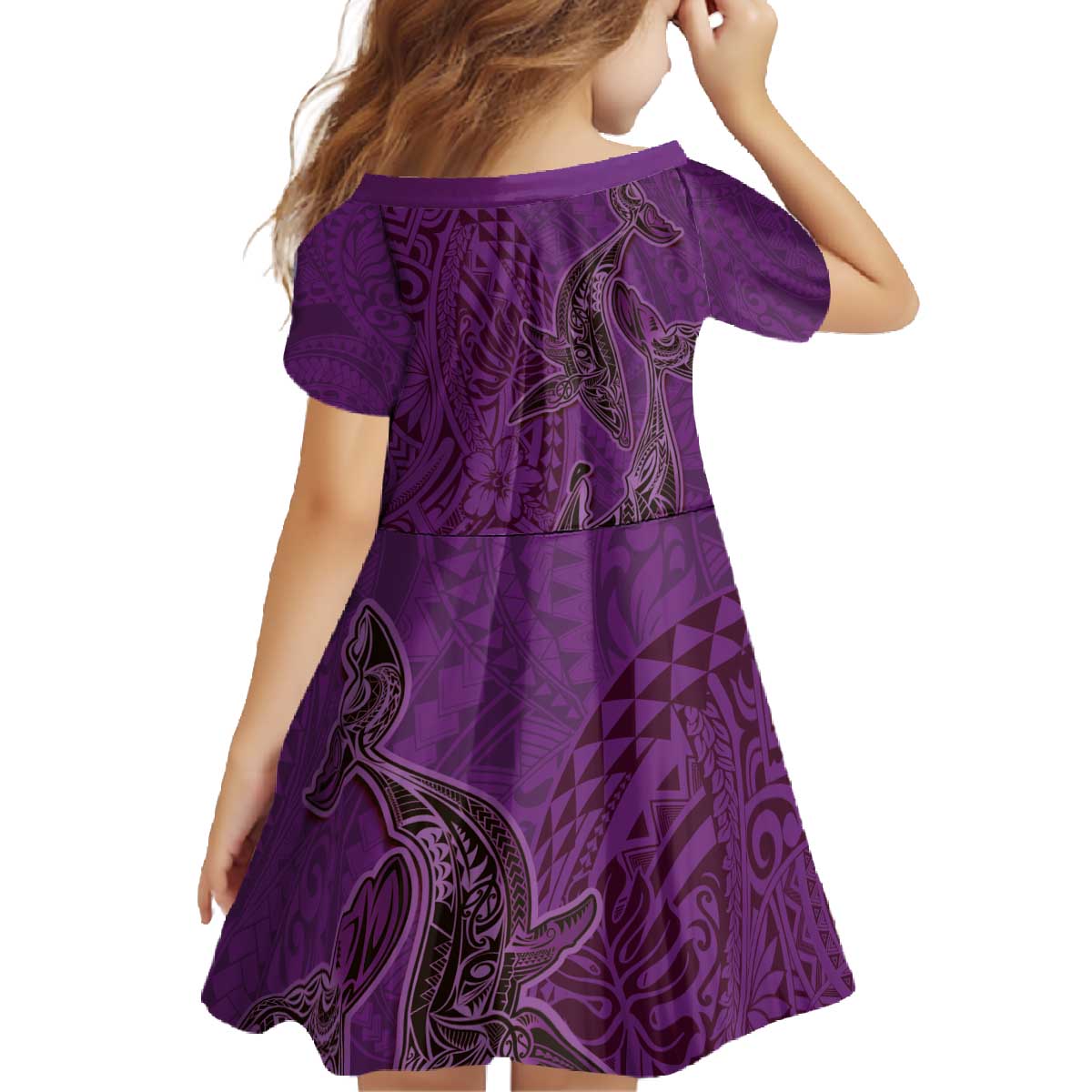 Hawaiian Whales Polynesian Art Motifs Family Matching Off The Shoulder Long Sleeve Dress and Hawaiian Shirt Purple Color - Polynesian Pride