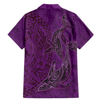 Hawaiian Whales Polynesian Art Motifs Family Matching Off The Shoulder Long Sleeve Dress and Hawaiian Shirt Purple Color - Polynesian Pride