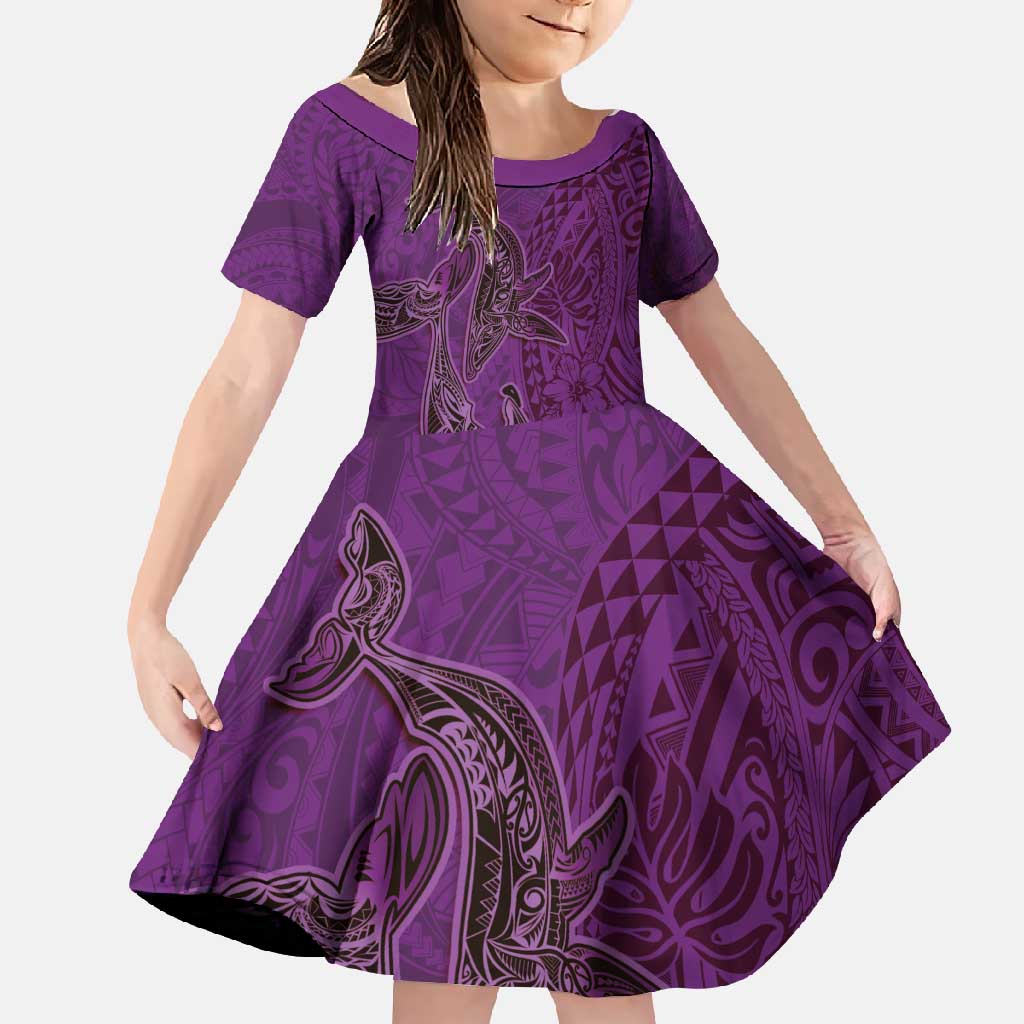 Hawaiian Whales Polynesian Art Motifs Family Matching Off Shoulder Maxi Dress and Hawaiian Shirt Purple Color - Polynesian Pride