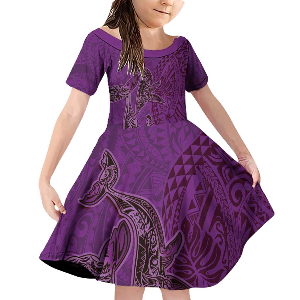 Hawaiian Whales Polynesian Art Motifs Family Matching Off Shoulder Short Dress and Hawaiian Shirt Purple Color - Polynesian Pride