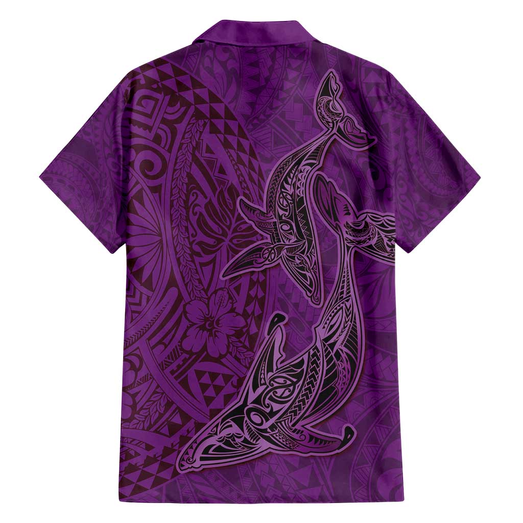Hawaiian Whales Polynesian Art Motifs Family Matching Off Shoulder Short Dress and Hawaiian Shirt Purple Color - Polynesian Pride