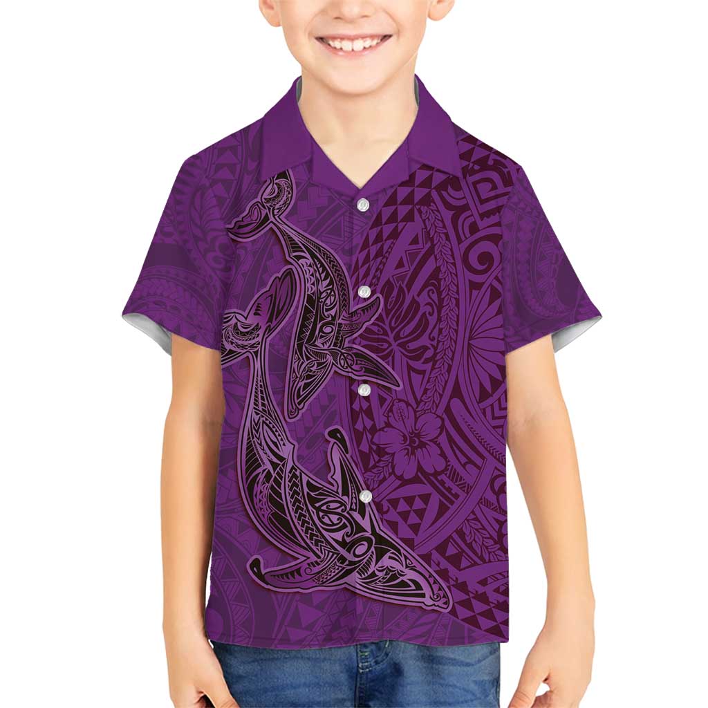 Hawaiian Whales Polynesian Art Motifs Family Matching Off Shoulder Short Dress and Hawaiian Shirt Purple Color - Polynesian Pride