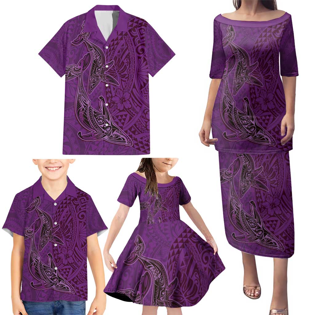 Hawaiian Whales Polynesian Art Motifs Family Matching Puletasi and Hawaiian Shirt Purple Color - Polynesian Pride