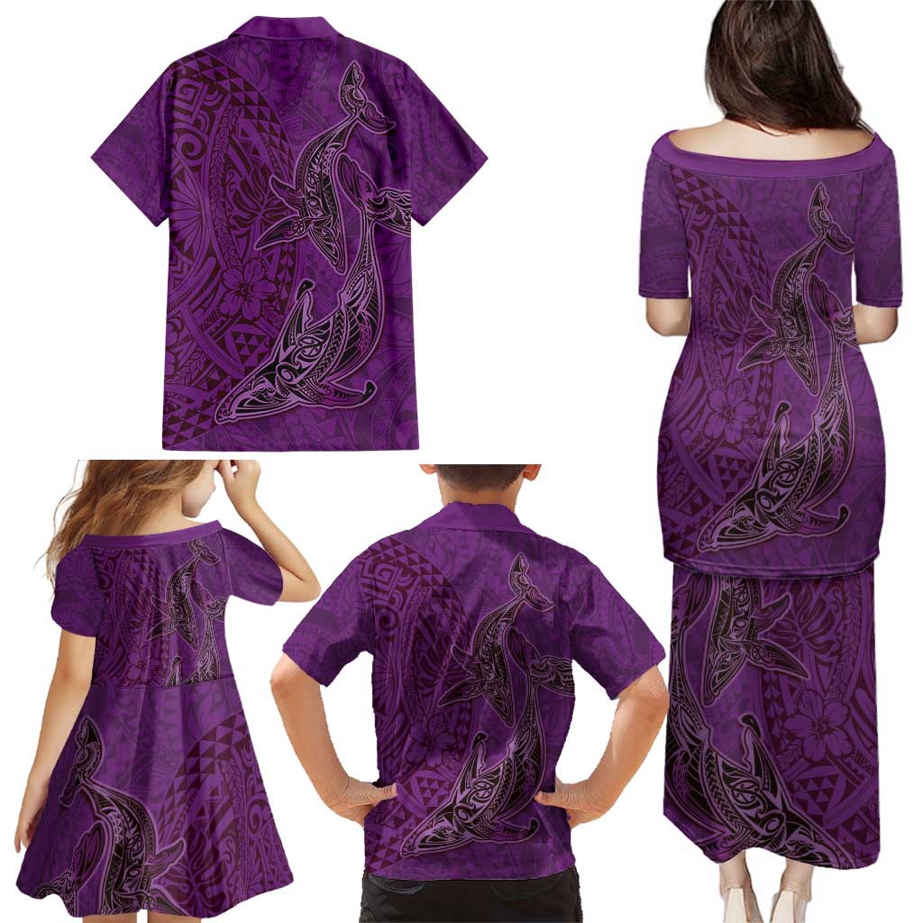 Hawaiian Whales Polynesian Art Motifs Family Matching Puletasi and Hawaiian Shirt Purple Color - Polynesian Pride