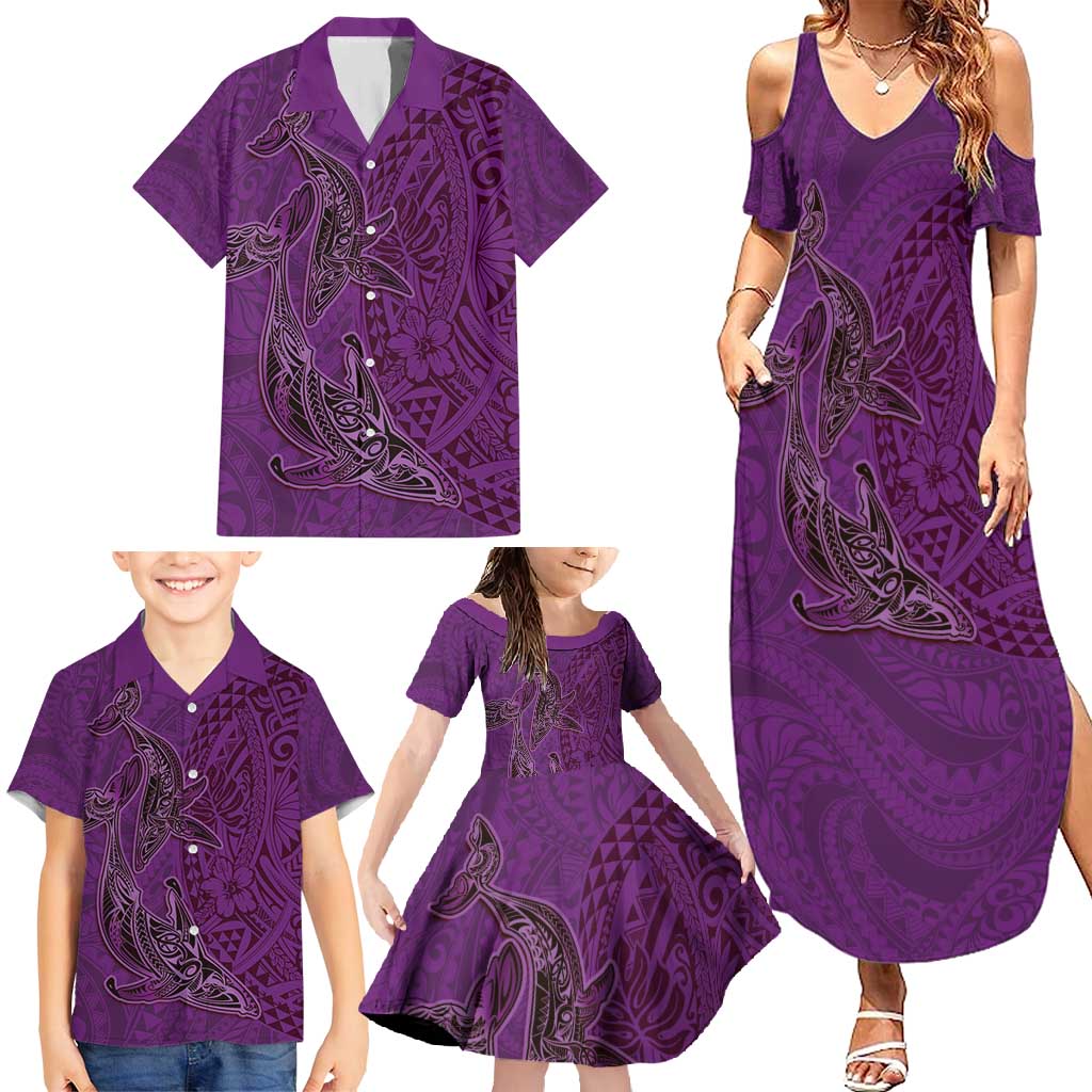Hawaiian Whales Polynesian Art Motifs Family Matching Summer Maxi Dress and Hawaiian Shirt Purple Color - Polynesian Pride