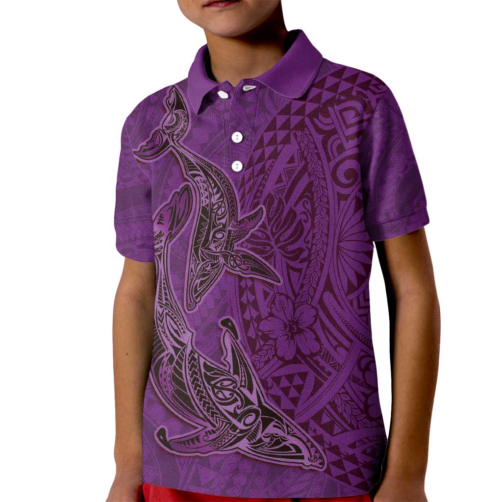 Hawaiian Whales Polynesian Art Motifs Kid Polo Shirt Purple Color - Polynesian Pride