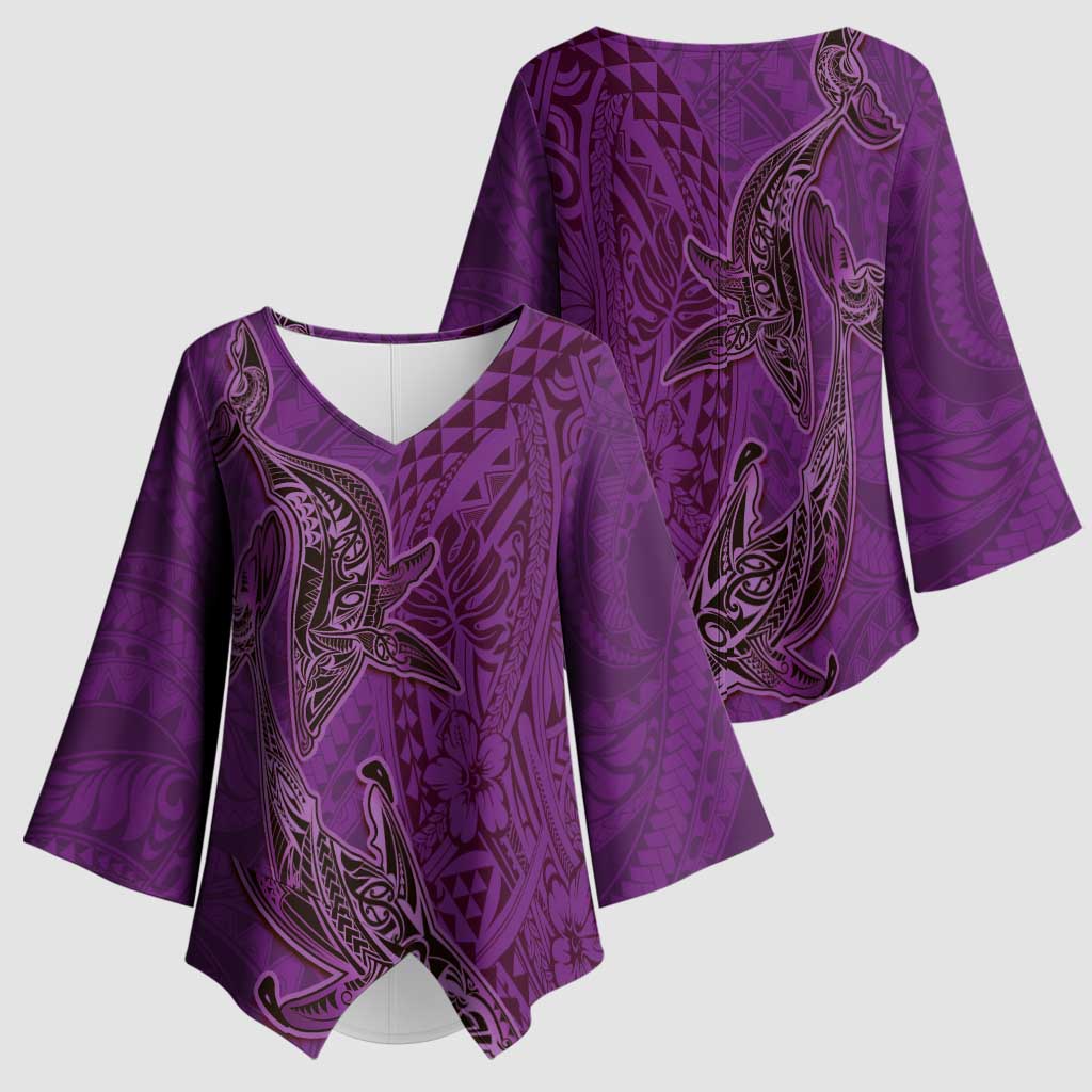 Hawaiian Whales Polynesian Art Motifs Kimono Sleeve Blouse Purple Color - Polynesian Pride
