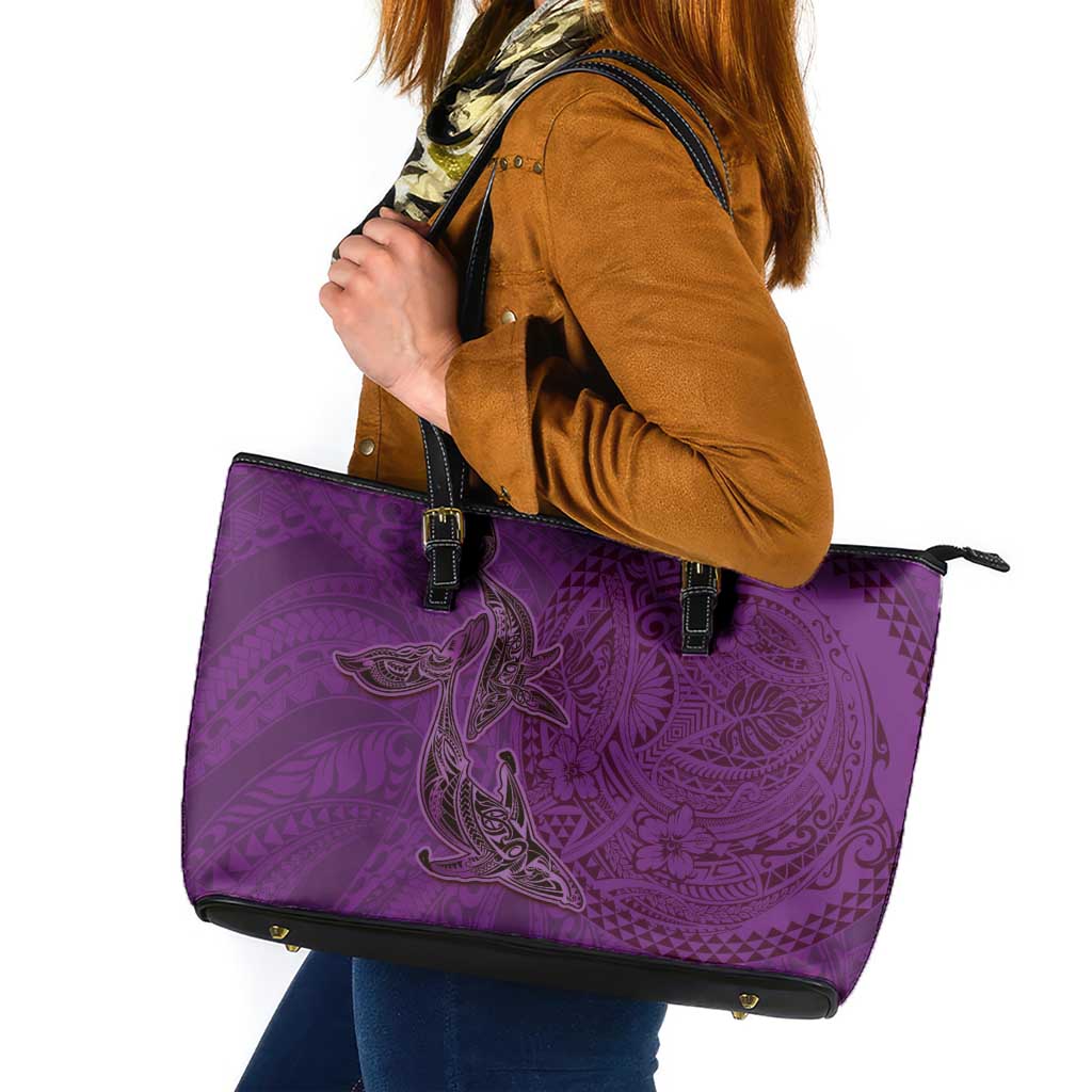 Hawaiian Whales Polynesian Art Motifs Leather Tote Bag Purple Color - Polynesian Pride