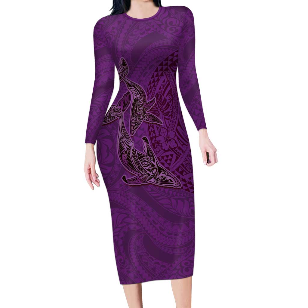 Hawaiian Whales Polynesian Art Motifs Long Sleeve Bodycon Dress Purple Color - Polynesian Pride