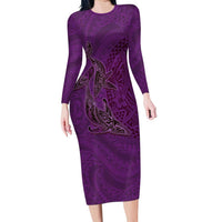 Hawaiian Whales Polynesian Art Motifs Long Sleeve Bodycon Dress Purple Color - Polynesian Pride