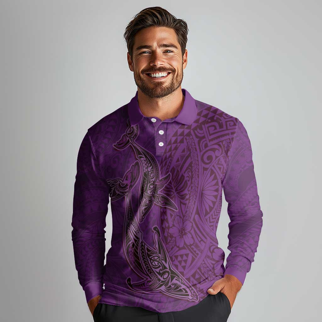 Hawaiian Whales Polynesian Art Motifs Long Sleeve Polo Shirt Purple Color - Polynesian Pride