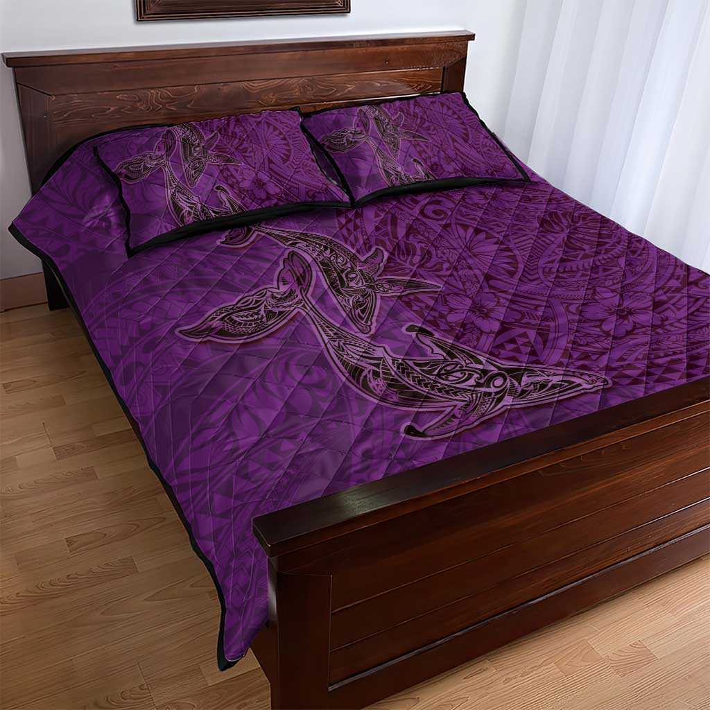 Hawaiian Whales Polynesian Art Motifs Quilt Bed Set Purple Color - Polynesian Pride