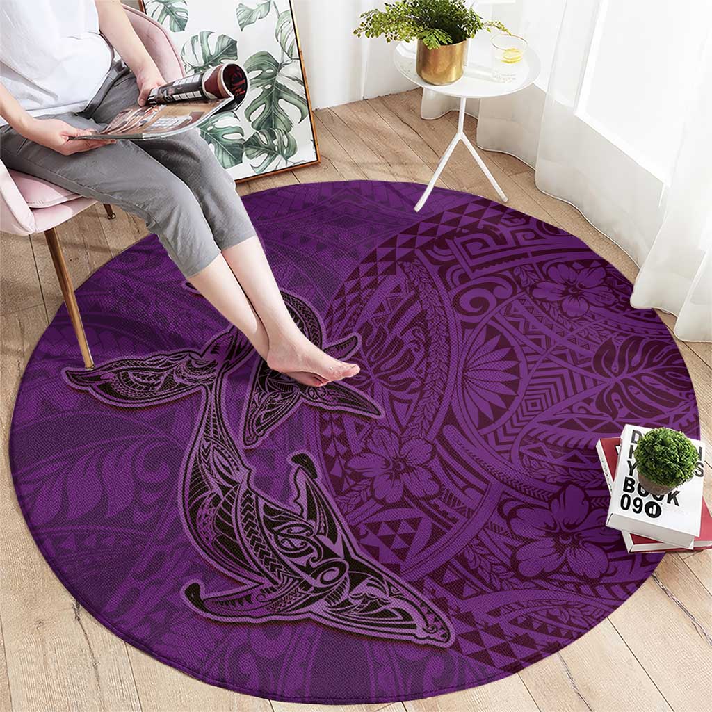 Hawaiian Whales Polynesian Art Motifs Round Carpet Purple Color - Polynesian Pride