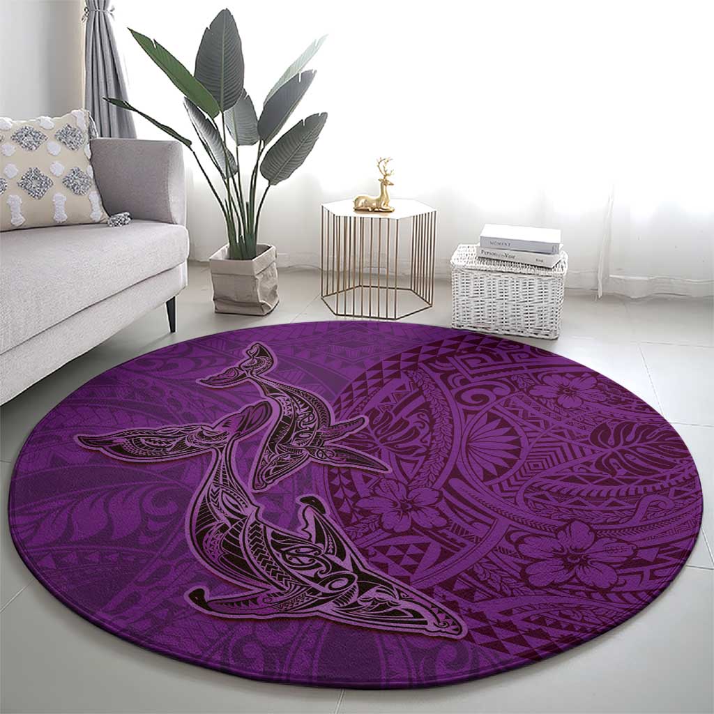 Hawaiian Whales Polynesian Art Motifs Round Carpet Purple Color - Polynesian Pride