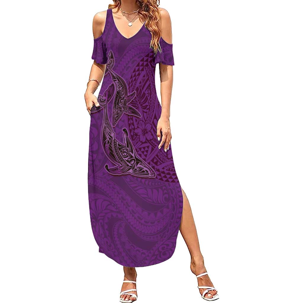 Hawaiian Whales Polynesian Art Motifs Summer Maxi Dress Purple Color - Polynesian Pride