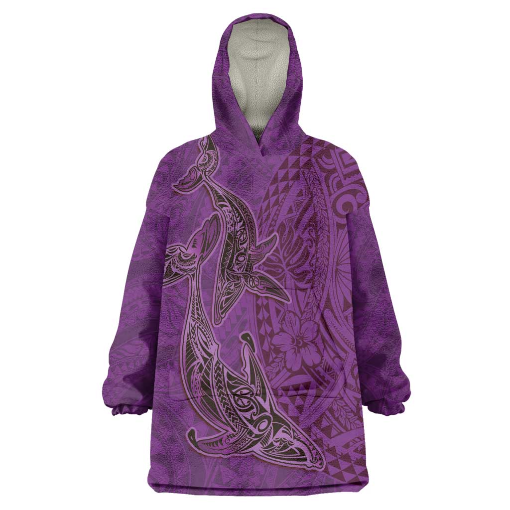 Hawaiian Whales Polynesian Art Motifs Wearable Blanket Hoodie Purple Color - Polynesian Pride