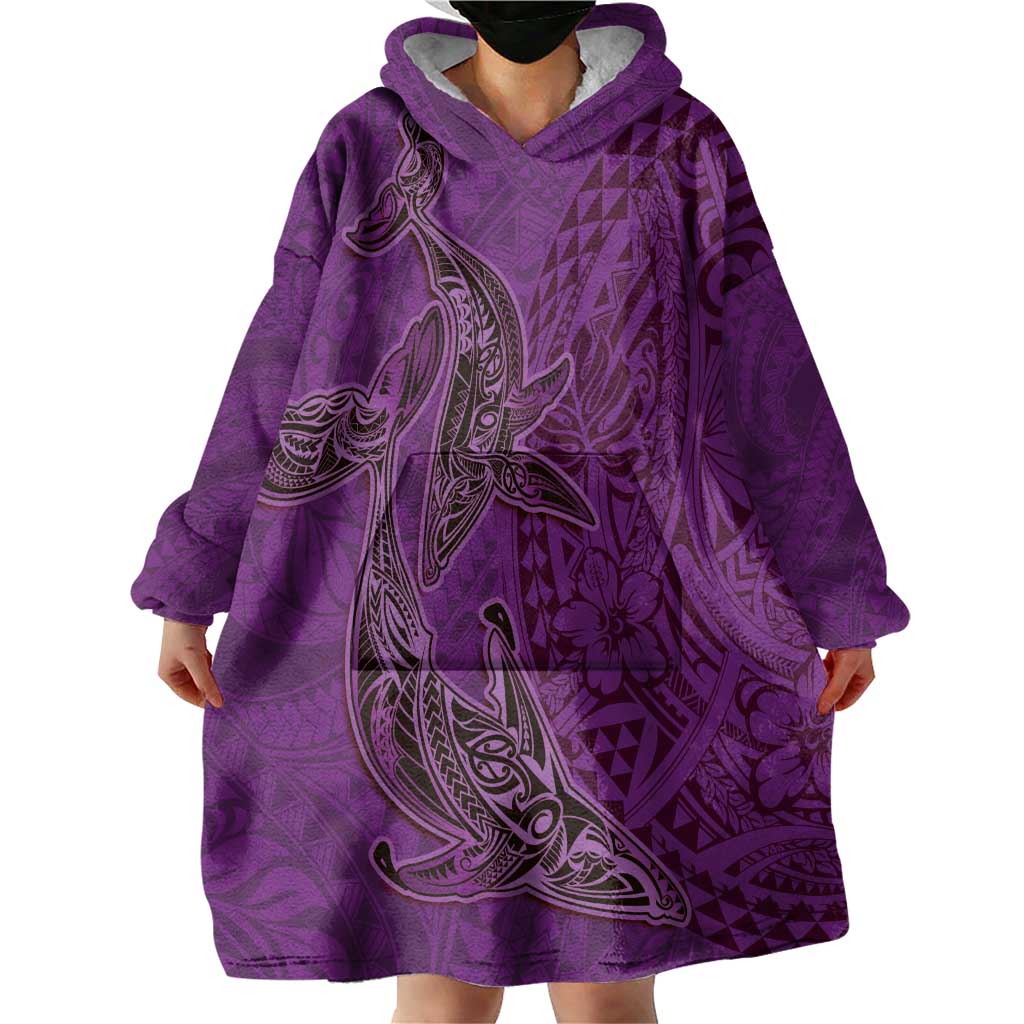 Hawaiian Whales Polynesian Art Motifs Wearable Blanket Hoodie Purple Color - Polynesian Pride