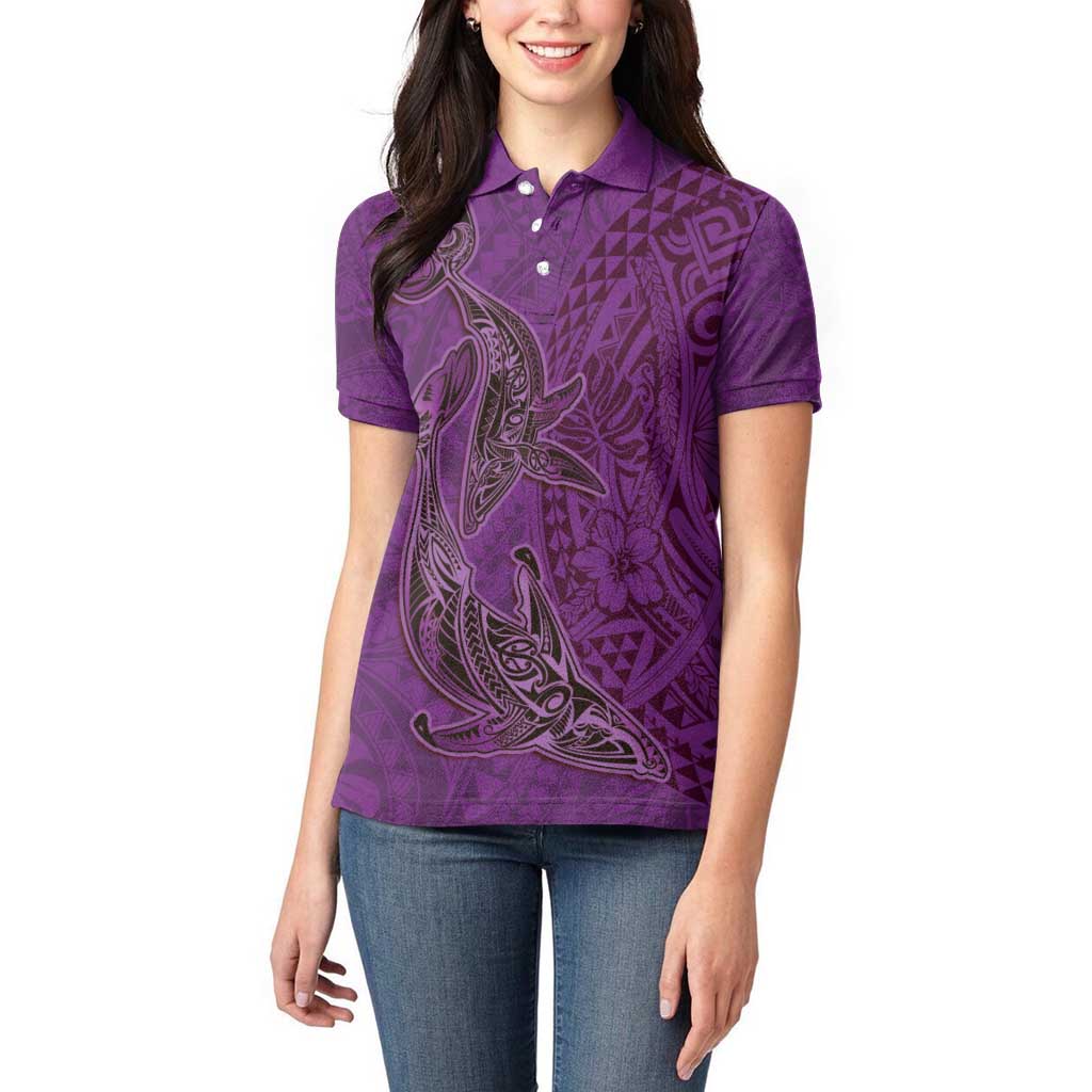 Hawaiian Whales Polynesian Art Motifs Women Polo Shirt Purple Color - Polynesian Pride
